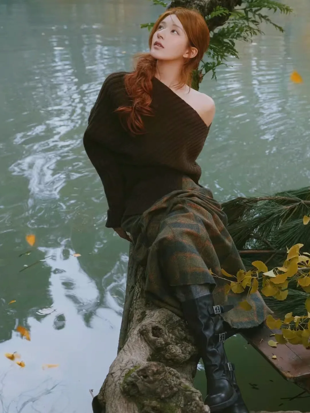 

Zhaolu Early Spring Gentle Irregular Color Long Sve Knitted Sweater Color Blo Plaid Skirt Asymmetrical oulder