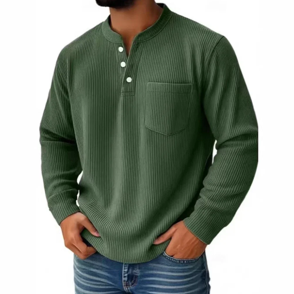 Men Shirts Casual Round Collar Button Long Sleeve Corduroy Pocket Business Workwear T-shirts LRFZ-N677