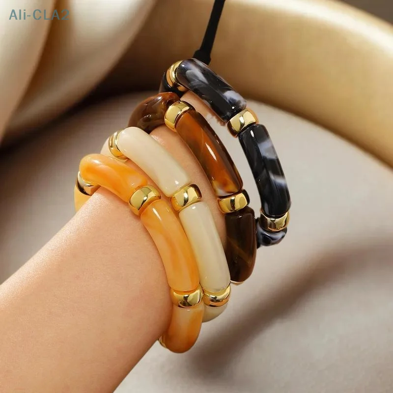 Vintage Acrylic Bamboo Beads Bracelet For Women Multi Color Stretchy Resin Girls Charm Couple Bangles Gift Men Jewelry