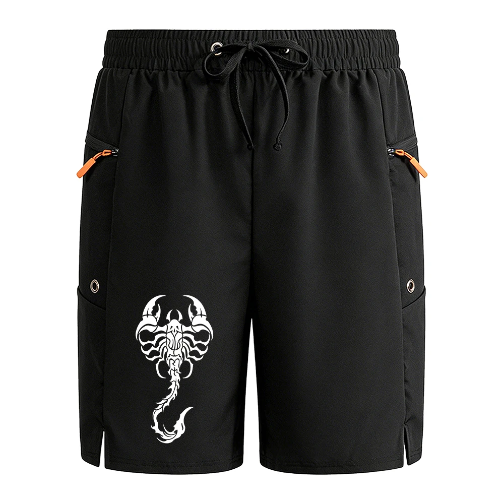 

Мужские черные повседневные шорты для бега «Скорпион» с графическим принтом для фитнеса и пешего туризма с оранжевыми боковыми карманами на молнии и завязкой на талии