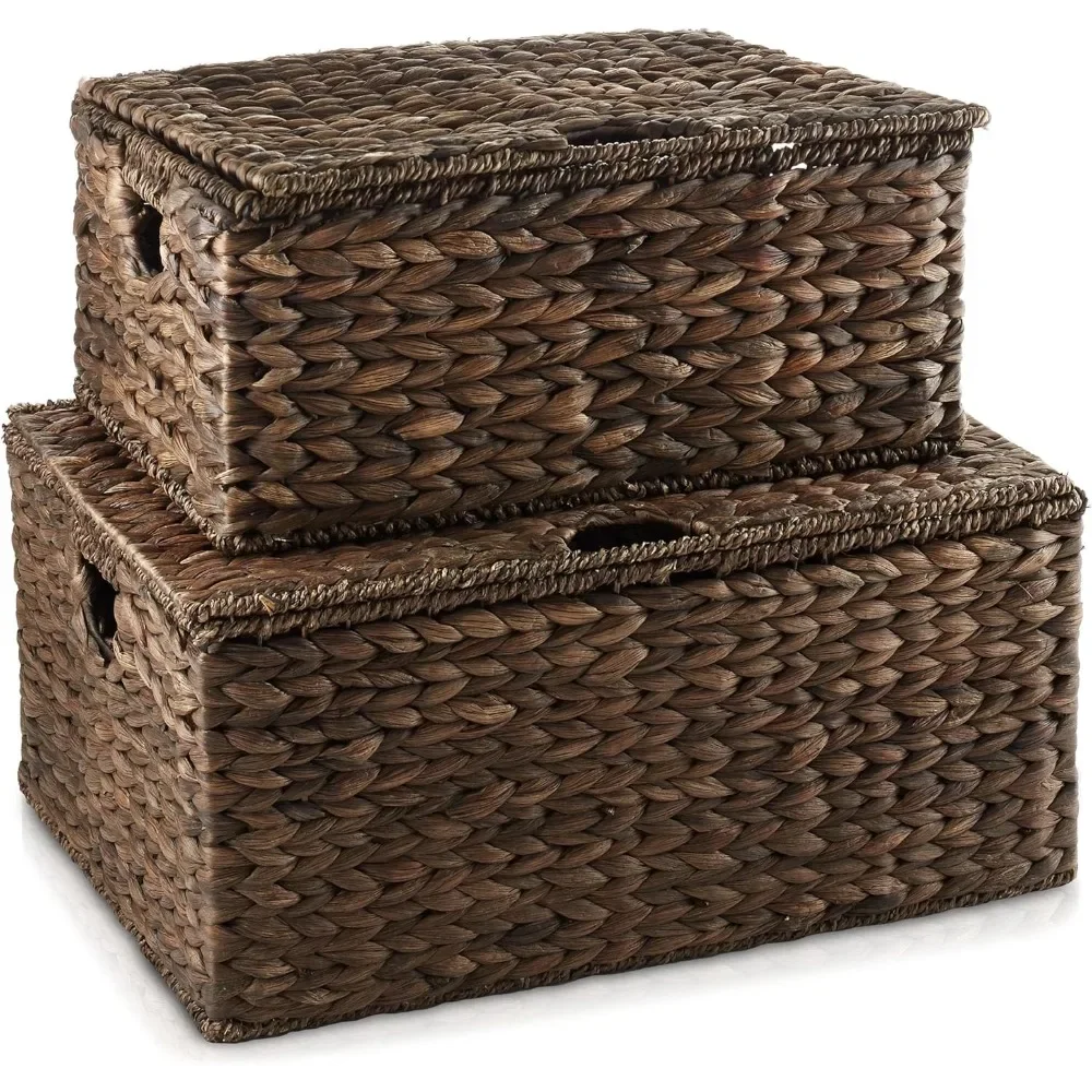 

Set of 2 Water Hyacinth Rectangular Storage Baskets with Lids (Medium/Large), Multipurpose Decorative Shelf Organization Totes