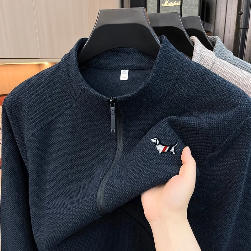 Autumn Comfortable Men's Full Zip Print Jacket Outerwear Stand Collar Solid Color Long Sleeve Top Daily Versatile Men's Clothing