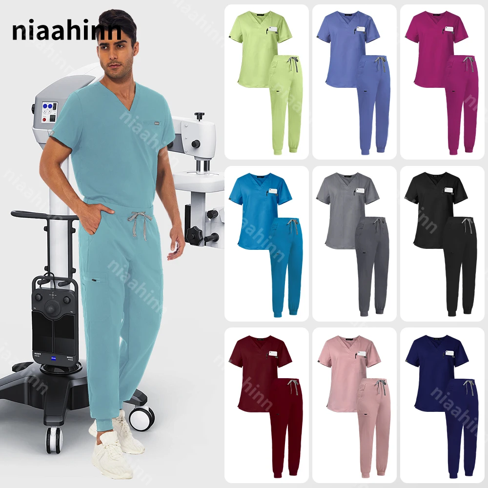 Conjunto de enfermería para médico de Hospital, traje de Jogger quirúrgico Unisex, Tops de manga corta con cuello en V, pantalones de enfermera, uniforme médico de farmacia, venta al por mayor