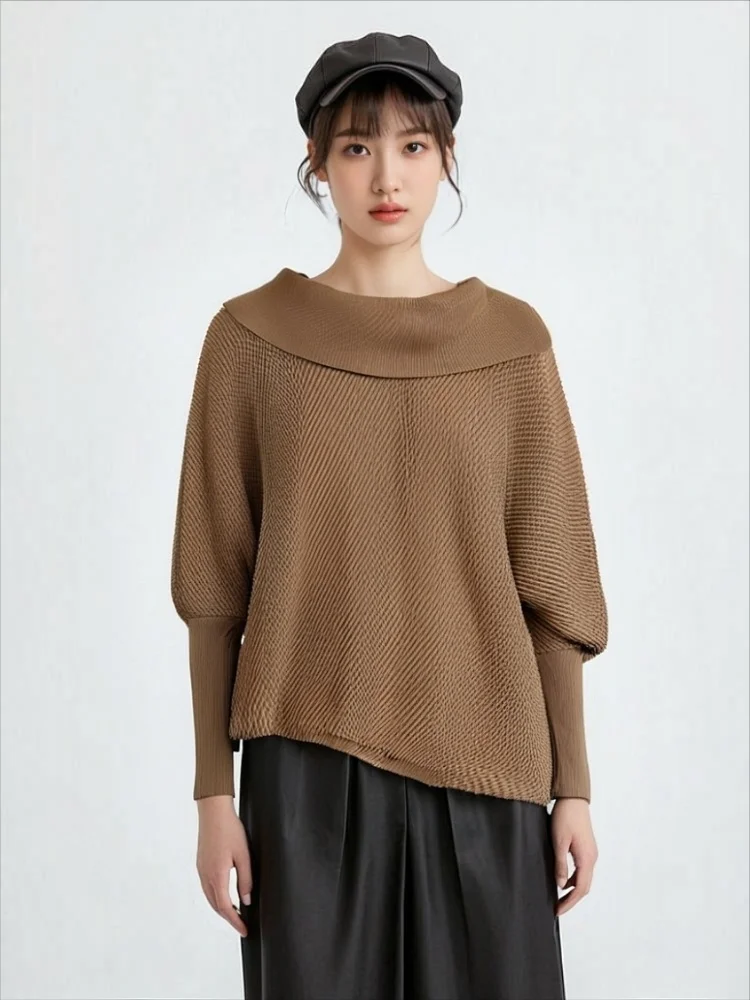 

Miyake Fold 2025 Spring/Autumn New Fashionable Collar Hoodie Loose Large Khaki Pleats Top Autumn/Winter Base Shirt for Women