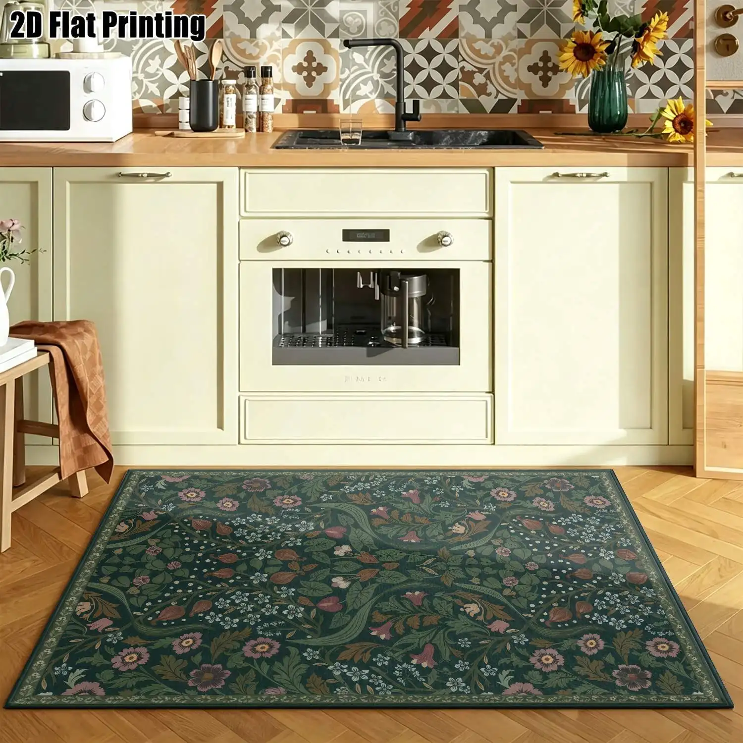 1Pc 2D Printed Carpet: Dark Green Base with Pink Flowers, Retro European Vintage Floral & Simple Geometric Design, Home Decor, Multiple Sizes, Machine Washable, for Entrance, Dining, Foyer, Bedroom, Living Room