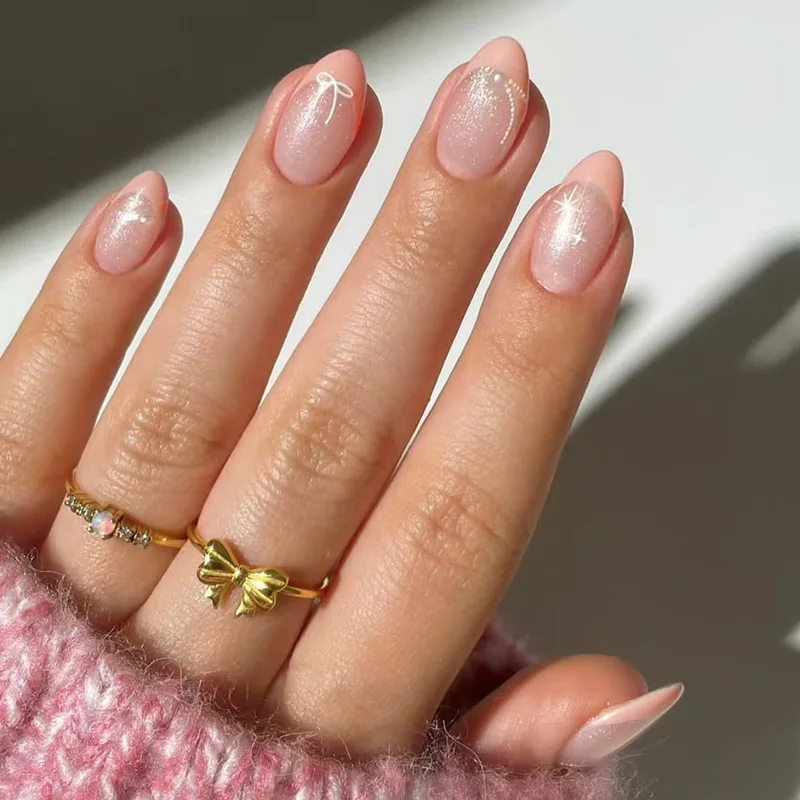 

24 Pcs Press on Nails Set with Design French Simple False Nails Press on With Charms Short Almond Nail Tips Sticky Nails 2025