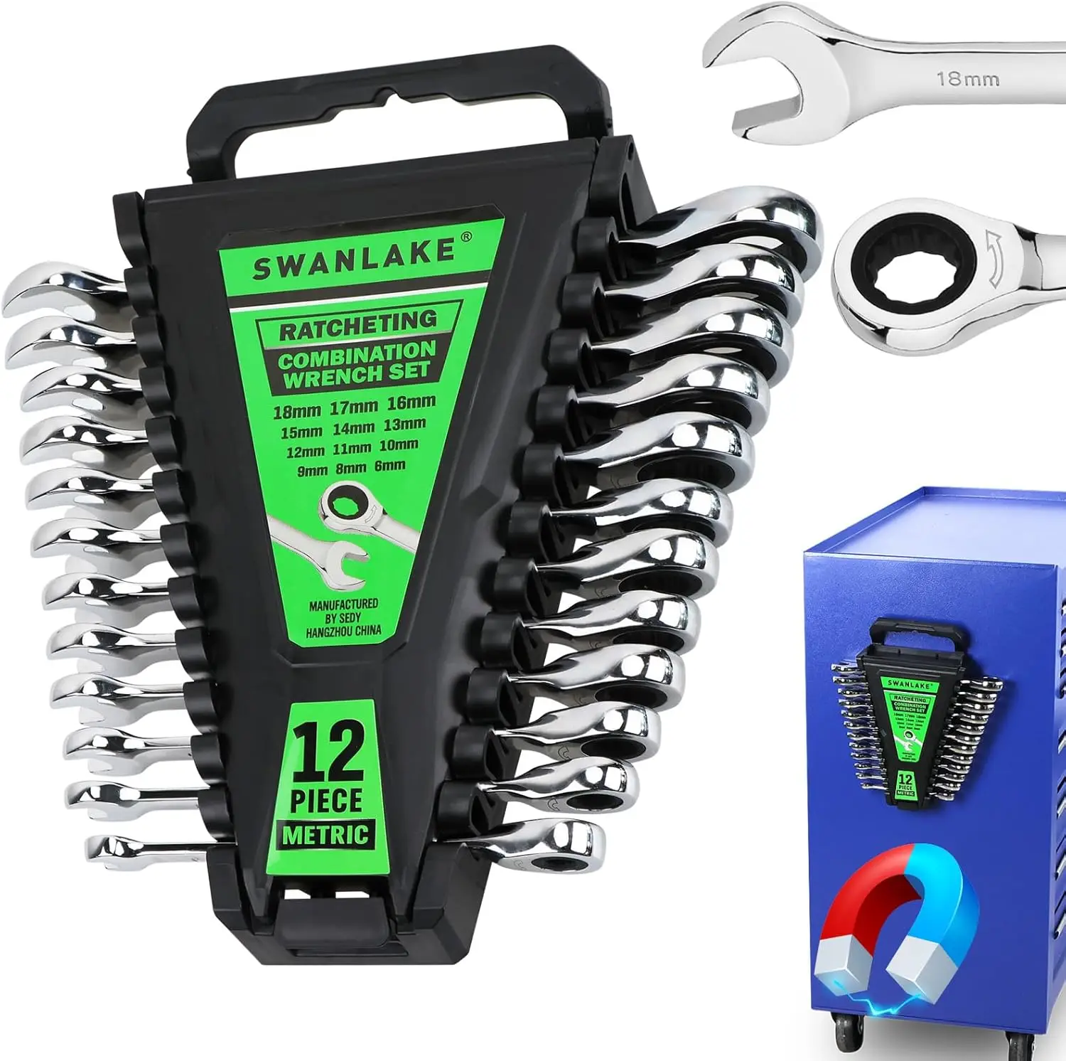 

12-Piece Metric Ratchet Wrench Set, 6-18mm, 12-Point 72-Tooth, Magnetic Organizer, Chrome Vanadium Steel