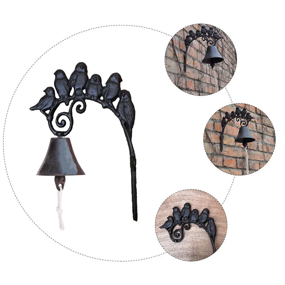 Solid Iron Vintage Wall Mounted Bell with Bird Motif Long Rope Handle Pre Drilled Holes for Easy Mounting Decorative Doorbell