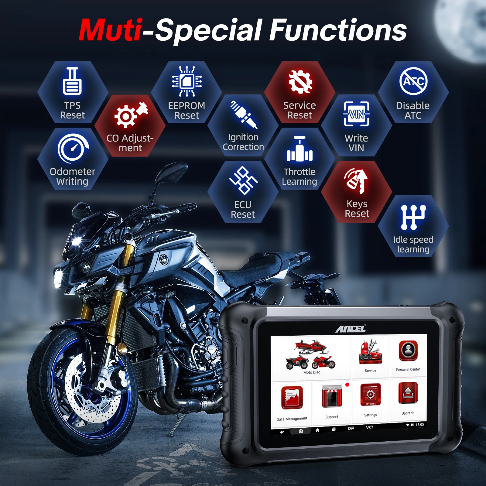 ANCEL MT700 Motorcycle Scan All System Diagnostic Tool Oil Rest ABS Bleeding 31 Reset ECU Coding Functions Motorcycle Scan Tool