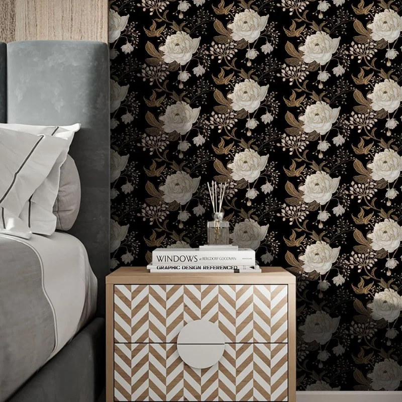 Papel de parede floral preto com casca e bastão, papel de contato de 17,7 polegadas x 118,1 polegadas, autoadesivo vintage