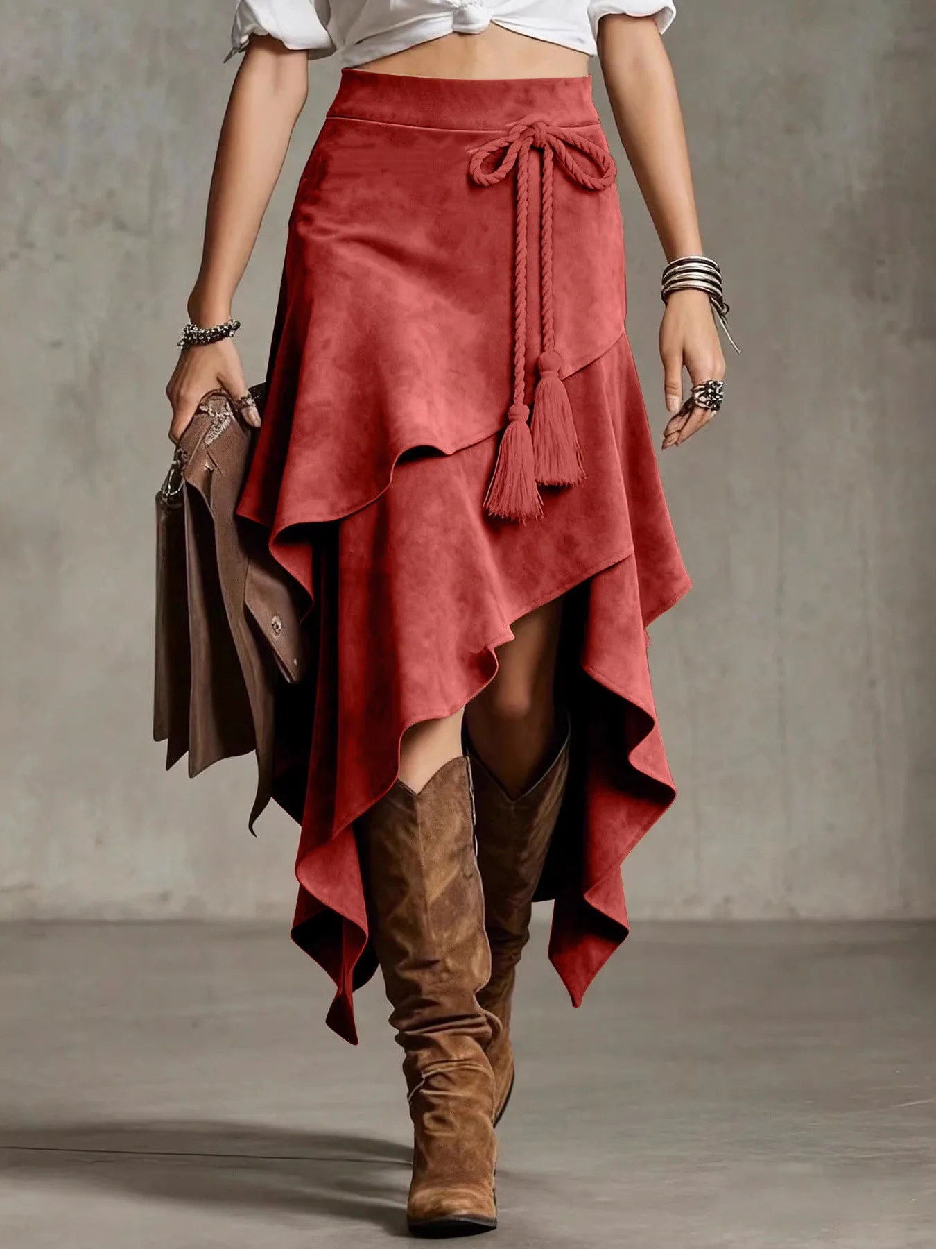 Women's Vintage Western Style Asymmetric Suede Skirt High Waist Belted Irregular Half-length Skirts Spring Season Fashion