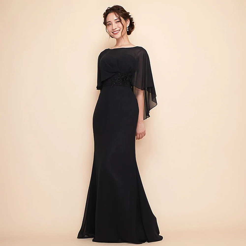 

Черное вечернее платье из джерси с круглым вырезом по индивидуальному заказу, шифоновая накидка без рукавов и открытой спины, вечернее платье русалки длиной до пола, платье для выпускного вечера