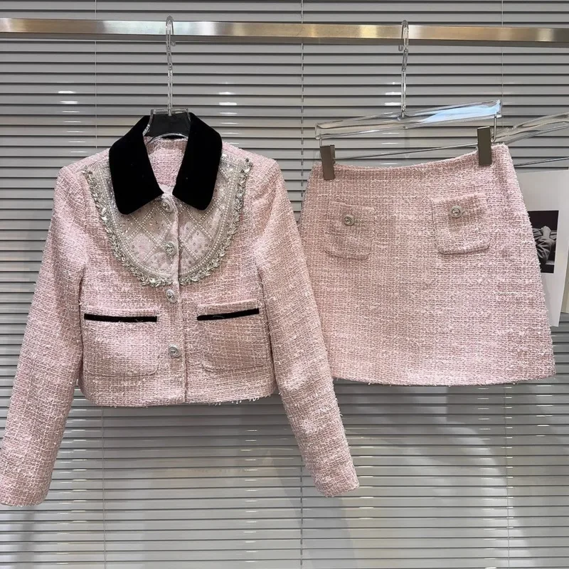 2024 Autumn Rhinestone Embroidered Beadings Short Jacket Coat Tweed Pink Mini Skirt Two Piece Set Women Outfits Gs330