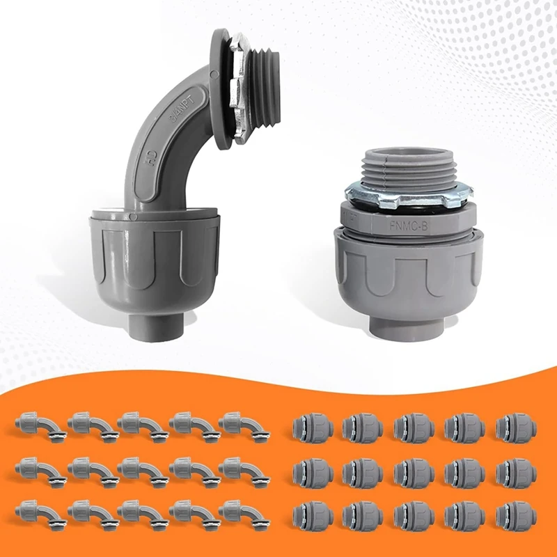 WFF 30Pcs,3/4In Liquid Tight Connector Non-Metallic Electrical Conduit Fittings, PVC Flexible Conduit (Straight+90 Degree)