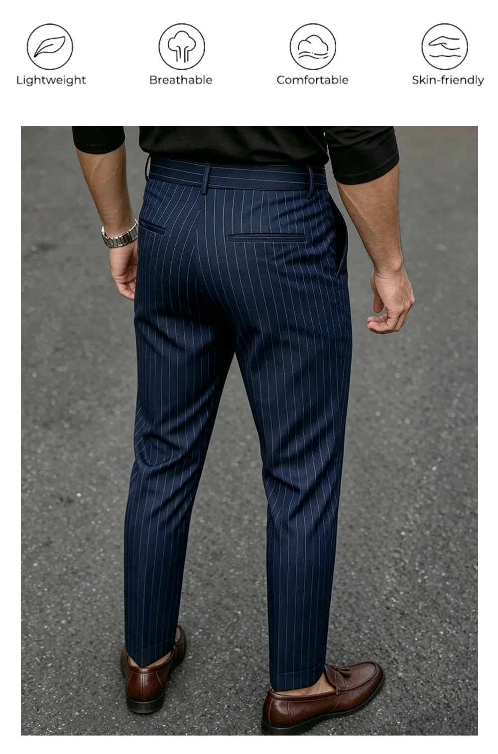 Herrenhose mit Streifenmuster, aus gewebtem Stoff, mit verstellbarem Bund und Knopf, gerades Bein, mit Taschen, elegante Business-Hose für Büro und Alltag. – Detail 5