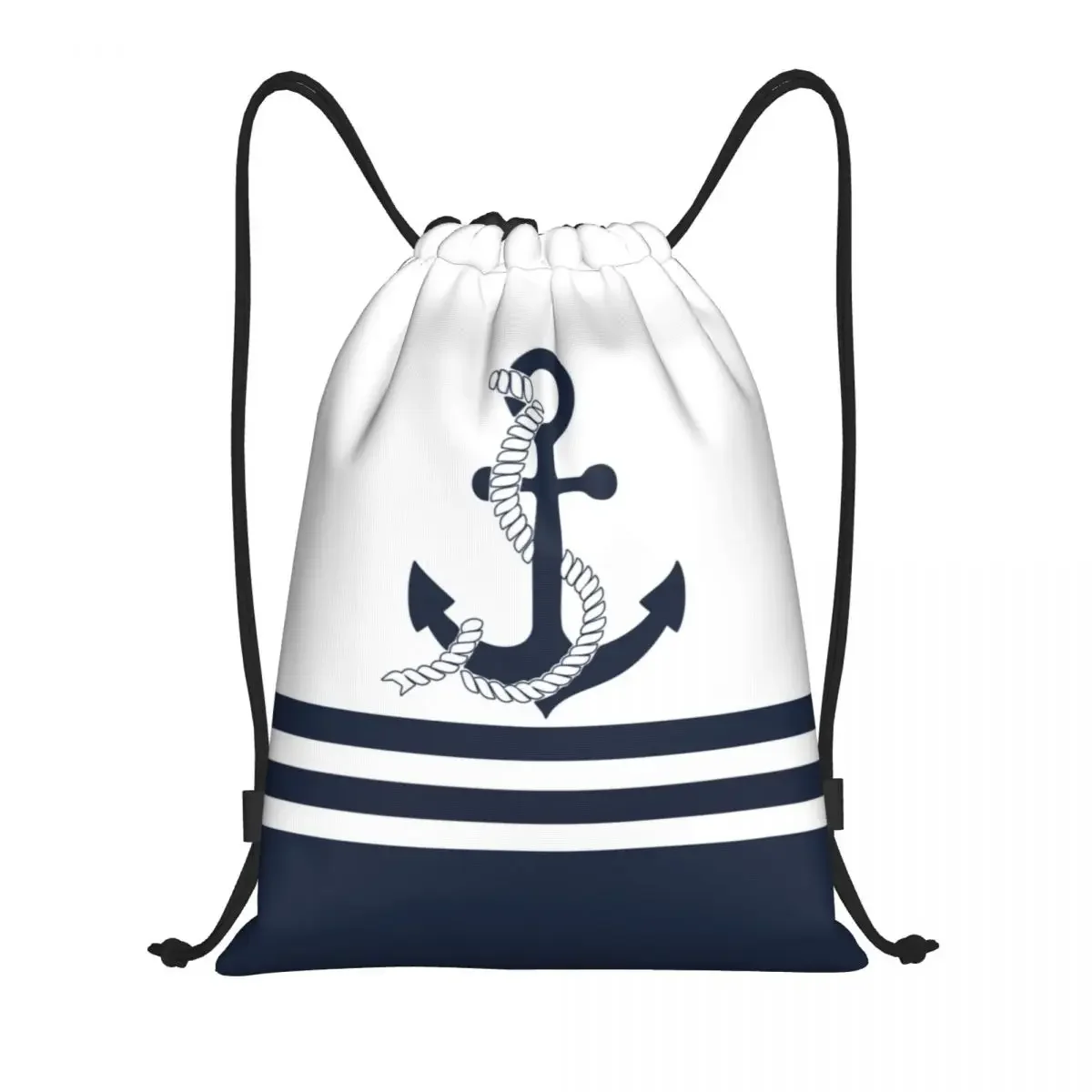 Custom Nautical Blue Anchors With Blue And White Stripes Drawstring Bags Lightweight Sailing Sailor Sports Gym Storage Backpack