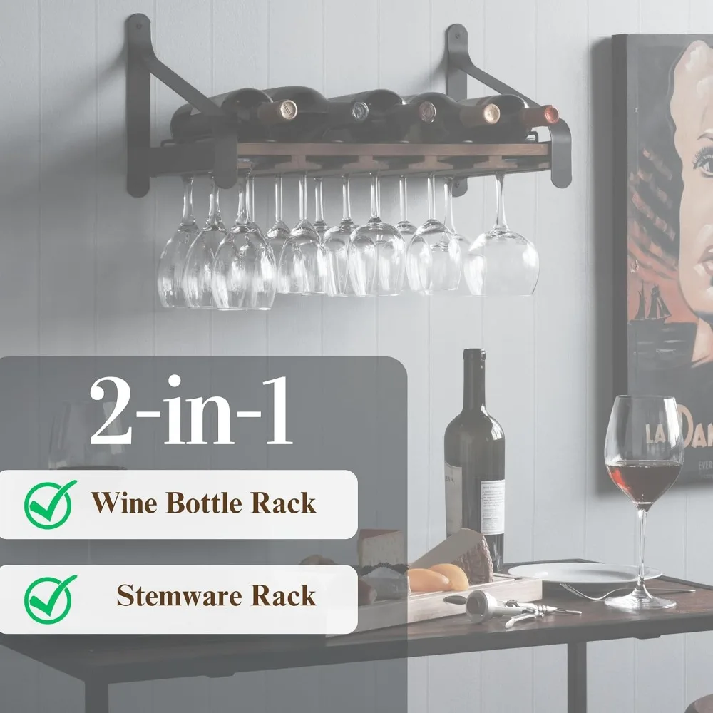 Casier à vin mural en bois rustique avec support en verre pour 5 bouteilles et 15 verres - Décor de bar de cuisine