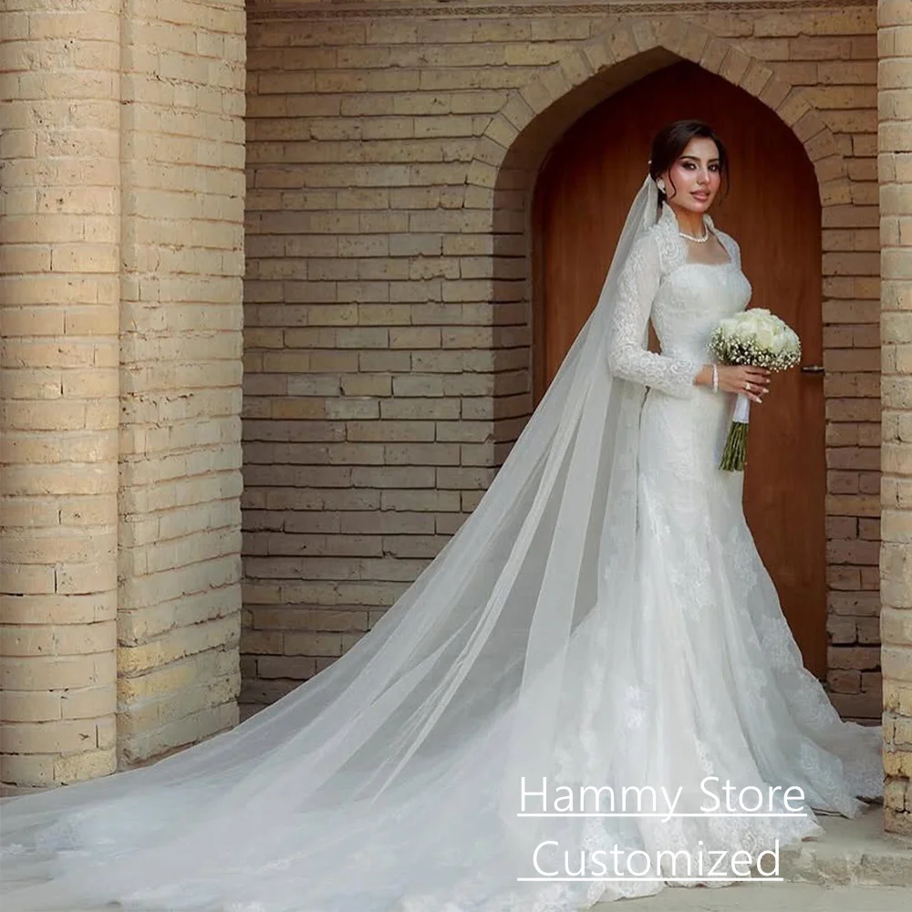Abiti da sposa arabi personalizzati collo quadrato maniche lunghe corte strascico pizzo sirena abito da sposa Vestido De Noiva abiti da sposa