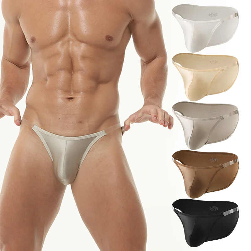 Men's Sexy Satin Thong Underwear Low Rise Transparent Thin Waistband Single Layer Enlarged U Pouch Silky Smooth Briefs Multi-Cla