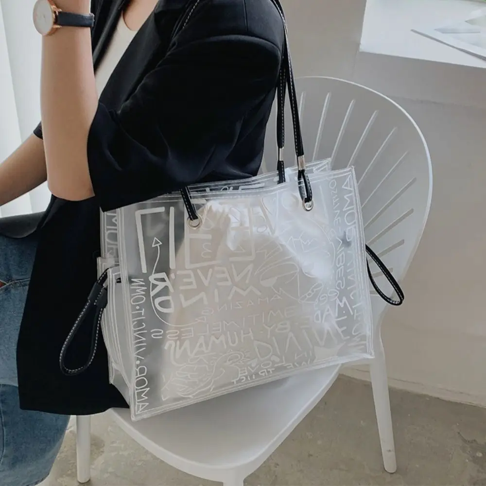 

Fashion Graffiti Transparent Tote Bag Large Capacity Waterproof Shoulder Bag Portable PVC Jelly Clear Bag Women