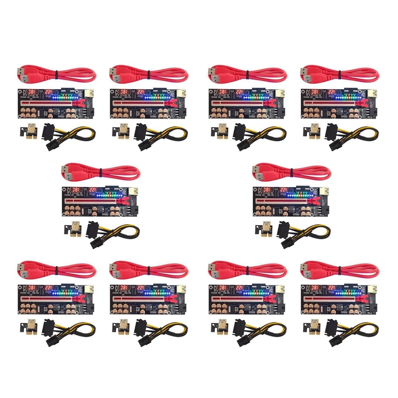 10X VER018 PRO PCI-E Riser Card USB 3.0 Cable 018 PLUS PCI Express 1X To 16X Extender Pcie Adapter For BTC Mining(Red)