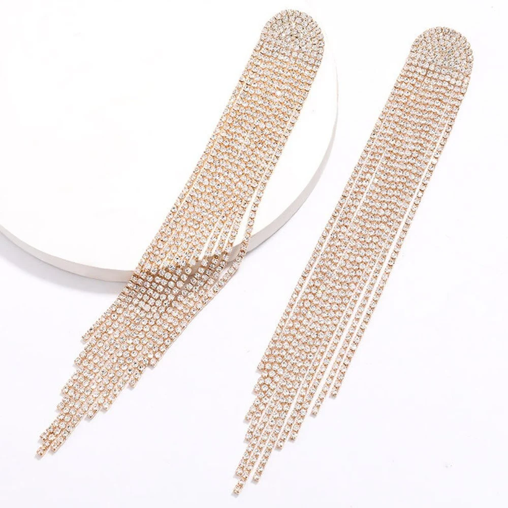 Europe And America New Exaggerated Full Rhinestone Tassel Earrings For Women Party Wedding Statement Jewelry Long Earings Gifts