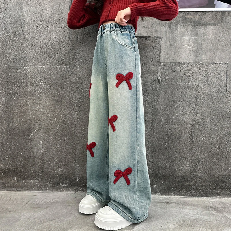 Autumn Winter New Girls Jeans Bow Print Lining Plush Thick Warm Wide-Leg Denim Pants For 5-14Y Girls Korea Style Long Trousers