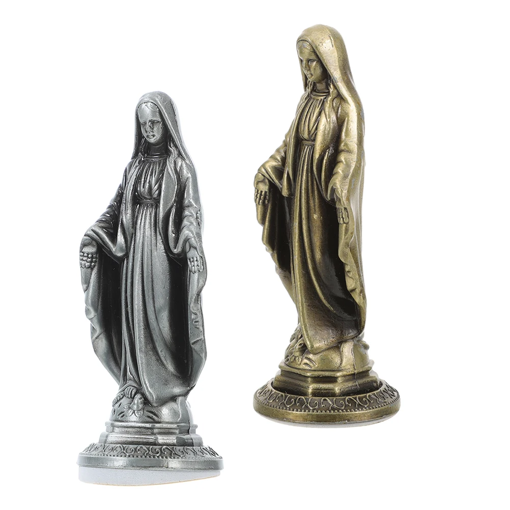 

2pcs Vintage Mary Statue Alloy Blessed Mother 5.9In Religious Home Decor Spiritual Tabletop Ornament Devotional Catholic