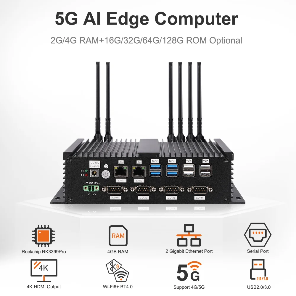 AI 5G Edege Computer Linux Android OS Alloy Chassis Cooling 5G Wifi Fanless Wall Mounted Hexa-Core Rk3399Pro Industrial Mini PC