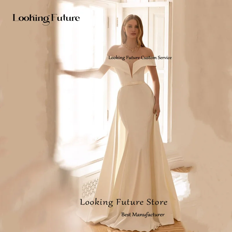 Elegante abito da sposa a sirena Sexy senza schienale con fiocco abito da sposa senza spalline semplice abito da sposa con spalle scoperte Robe De Mariee