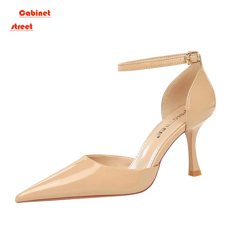 

European American Style Simple Glass Sandals Pumps Super High Heel Shallow Mouth Pointed Patent Leather Sexy Hollow Shoes