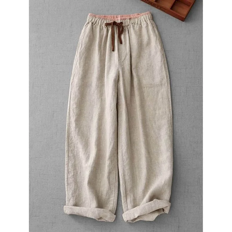 

Cargo Pants Japanese Style Age Reduction Artistic Cotton Linen Lantern Pants Summer Thin Elastic Waisted Loose Straight Trousers