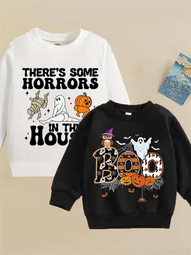 

2-Piece Children's Halloween Hoodie Alphabet Cartoon Cute Funny Print Comfortable Fit Casual Autumn And Winter Style
