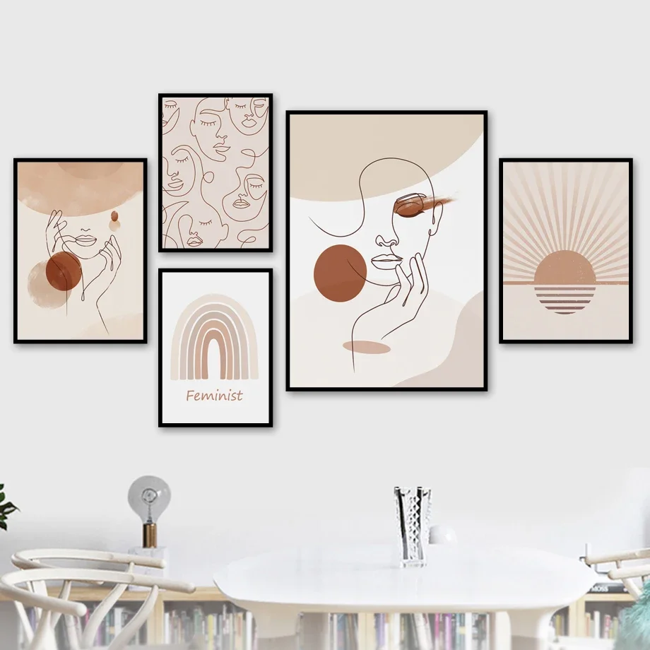 Cuadro Abstracto de Rostro de Mujer con Líneas de Puente, Arte de Pared en Lienzo - Decoración Nórdica para Sala de Estar, Pó