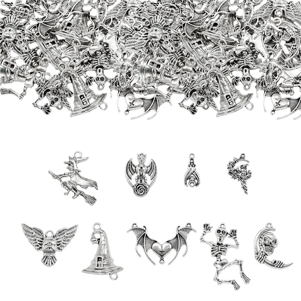 9Pcs Alloy Halloween Charms, Mixed Antique Silver Color Witch Skull Skeleton Bat Pendants DIY Necklace Bracelet Jewelry Making