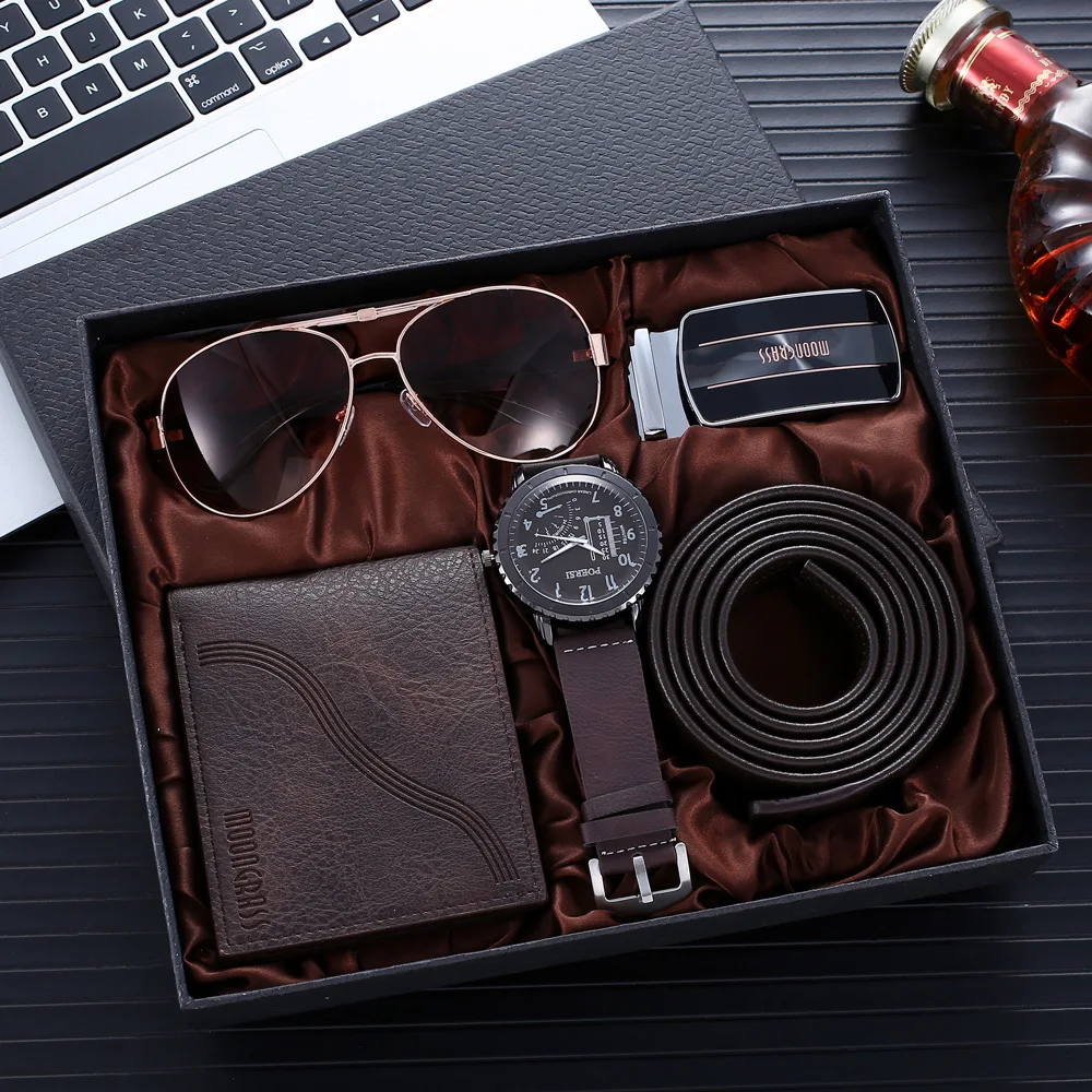 4pcs/set Men Watch Set in Box Fashion Leather Belt Man Wallet Glasses Quartz Watch Men Set Father\'s Day Birthday Gifts for Him