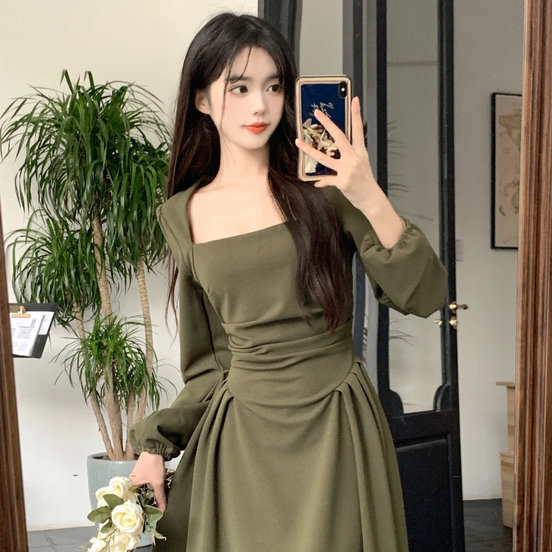 

French Vintage Long Sleeve Dress Women Spring and Autumn New Solid Color Thin and Elegant Mid-length Dress Female