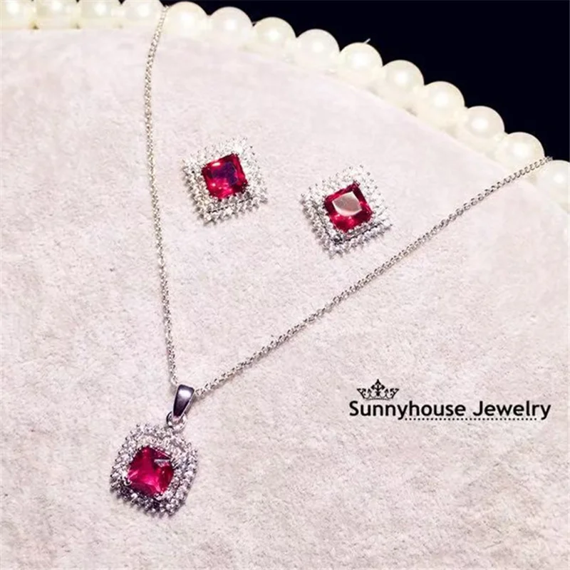 Created Ruby Jewelry Set for Women Silver Plated Stud Earring Necklace Set Fine Jewelry Wedding Party Accessories