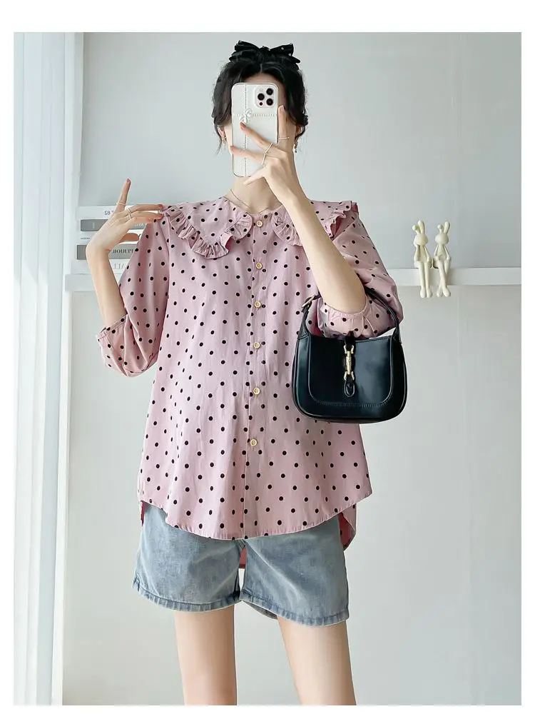 

Plus Size Pregnant Women's Shirts Fashion Ruffles Patchwork Polka Dot Cotton Linen Blouses Pregnancy Clothes Button Fly Shirt