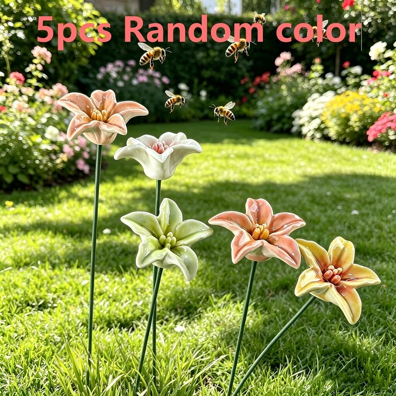 5 Sets Random Color Lily Ceramic Bee Butterfly Water Feeder Garden Pollination Bowl Beekeeping Decor