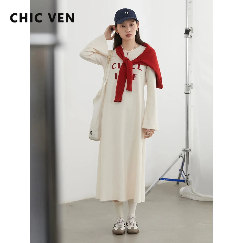 

CHIC VEN Women Long Pullovers Dress Loose Casual Flared Sleeve Contrast Letter Printed Knitted Female Coat Spring Autumn 2025