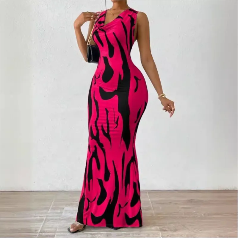 

Sexy Bodycon Package hip Party Women's Long Dresses Summer Print Sleeveless Pile Collar Slim Skinny Party Maxi Dress For Women