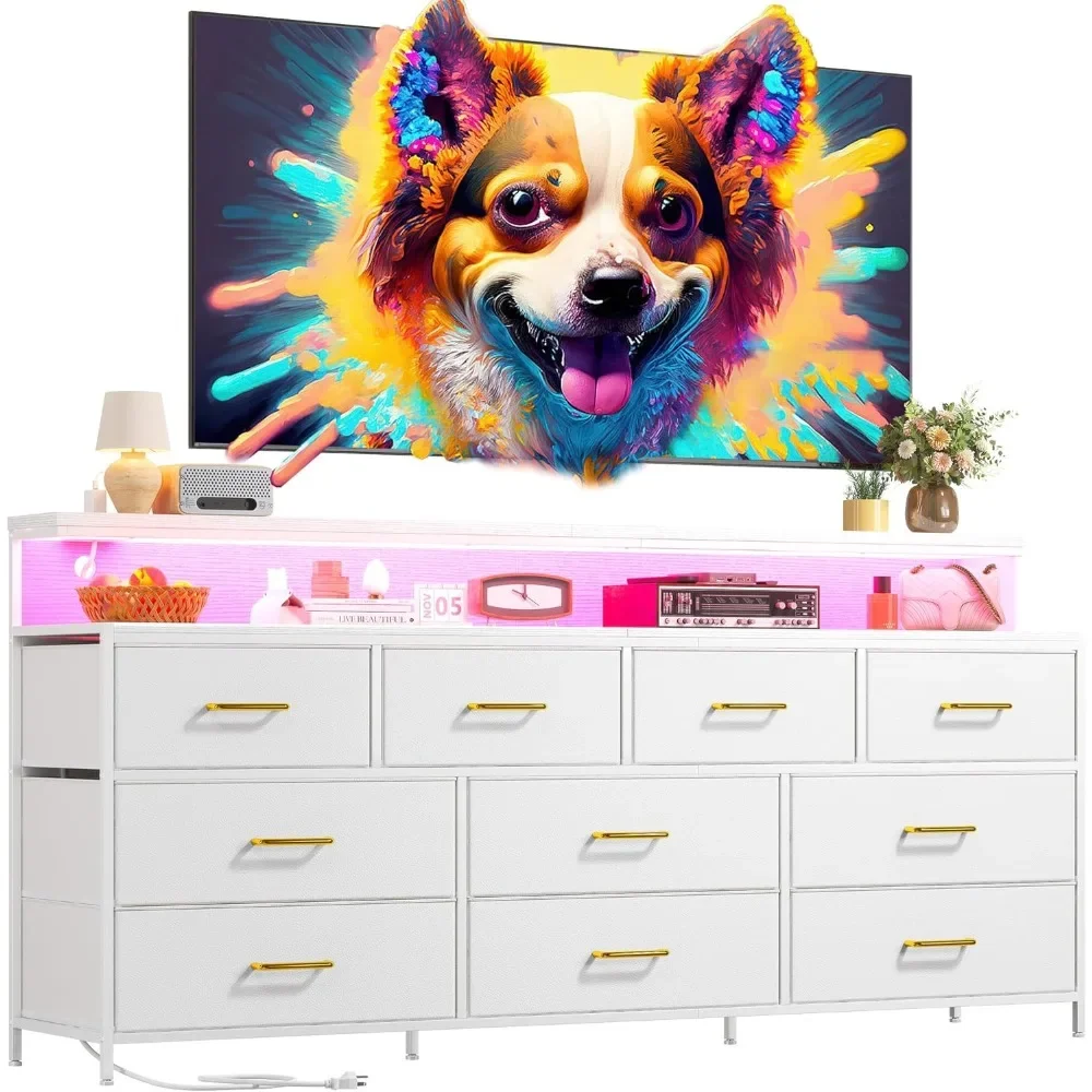 10 Fabric Drawers Long Dressers & Chests of Drawers with LED Lights & Power Outlets Large，55