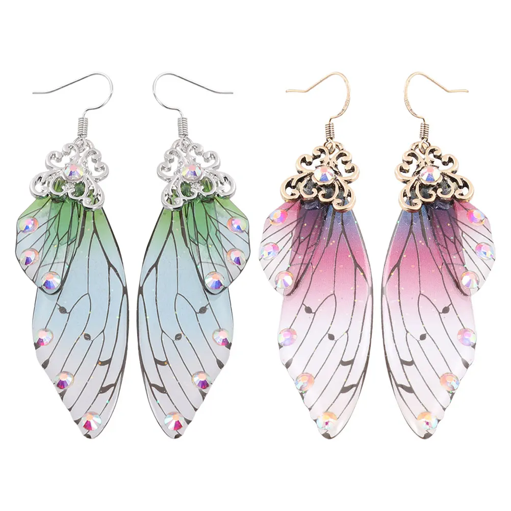 

2 Pairs Butterfly Wing Earrings Drop Dangle Pattern Teardrop Beautiful for Women Animal Cuff Bauble
