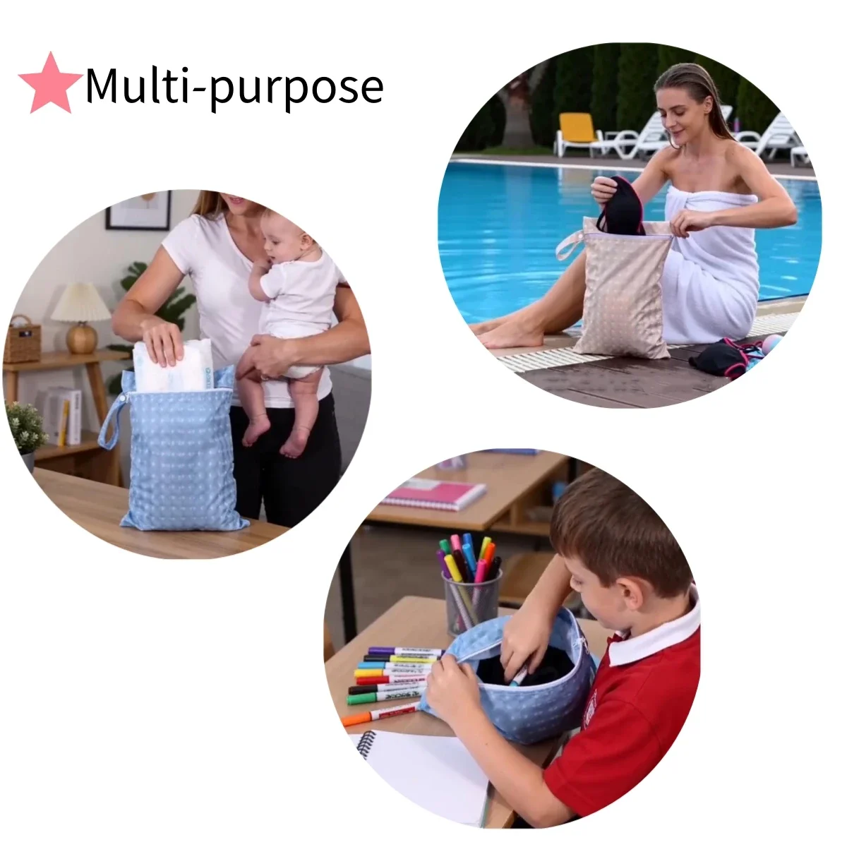 New PU Waterproof Reusable Baby Diaper Bag, Baby Bandbag, Large Mommy Diaper Storage Bag Wet Dry Bag for Swimsuits，Beach，Gym