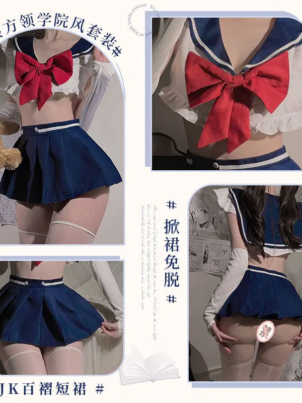 Cute And Sweet Navy Suit Underwear Campus Pure Desire Sets Bow V-neck Short Top Hip Length Pleated Skirt Preppy Style 4ECJ