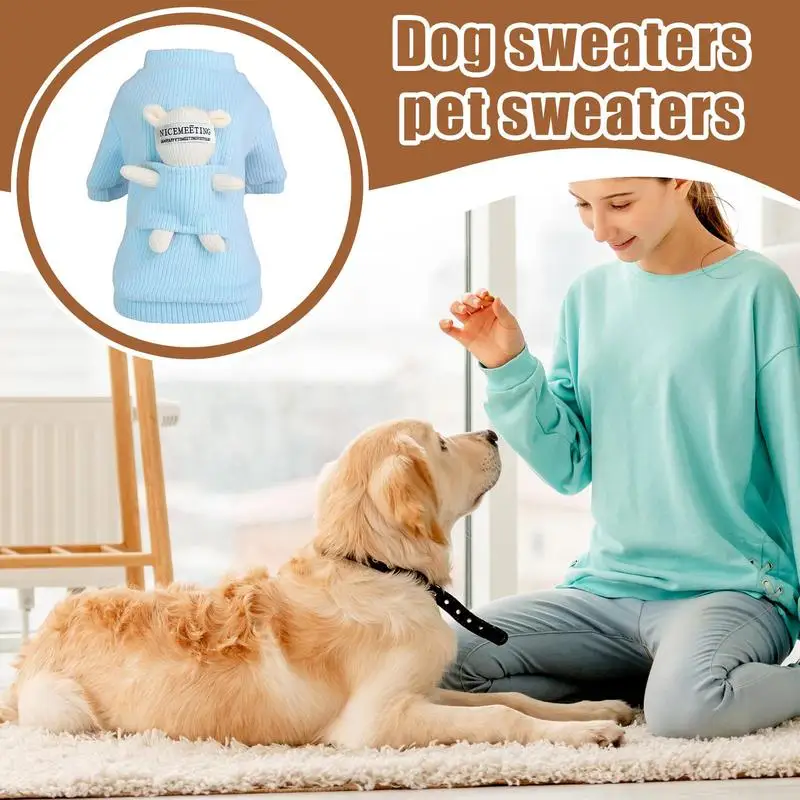 Small Dog Sweater With Bear Doll Turtleneck Knitted Cat Outfits Thick Autumn Puppy Clothing Turtleneck Cat Outfit For Outdoor