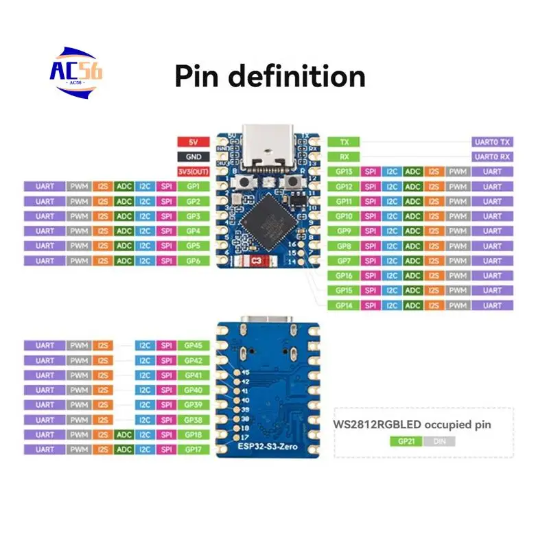 

AC56-ESP32-S3 Комплект разработки Zero Mini, микроконтроллер 240 МГц, мини-плата разработки BT 5.0, идеально подходит для проектов Iot