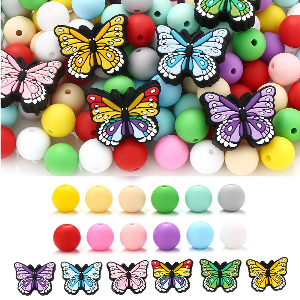 

66Pcs Food-grade Silicone Beads Colorful Round Bead Butterfly Shape Bead Set For Nipple Chain Accessories Pacifier Clip Jewelry