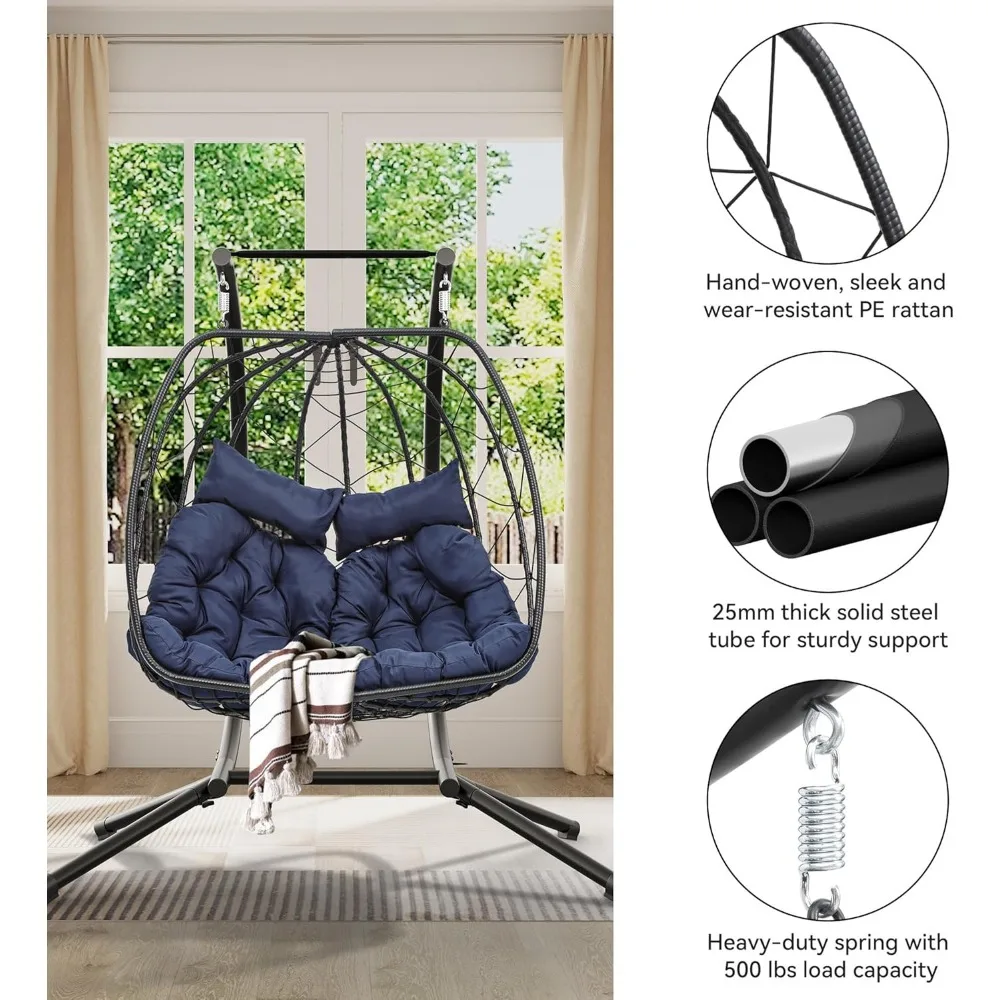 Hanging Egg Swing Chair with Stand Double Outdoor Hammock Egg Chair with Cushions 500lbs for Patio, Bedroom, Garden Navy Blue